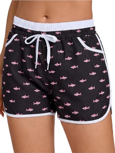 Pink Shark Large Women Board Shorts with Liner Swim Trunks - Bathing Suit Bottoms