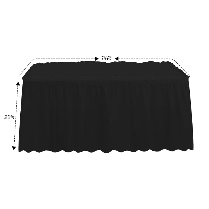 4 Pack Table Skirt 29 in x 14 ft Disposable/Reusable Table Cover – Black, Adhesive Edge Skirts for Rectangle or Round Tables