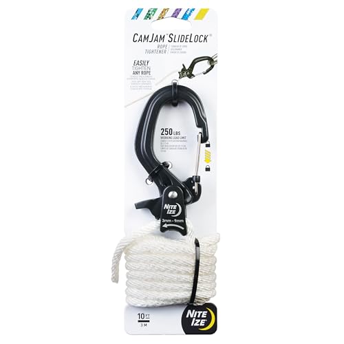 Nite Ize CamJam SlideLock Rope Tightener & 10 ft Nylon Rope - Features Pull-to-Tighten Lock & Quick-Release Lever - 250 lb Working Load Limit - Fits Rope Sizes 3?6mm - Large