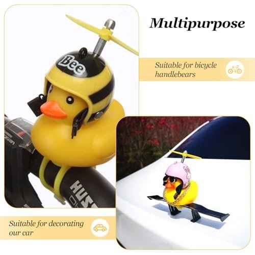 2 Pack Rubber Duck Car Ornaments, Yellow Duck Car Dashboard Decorations Squeeze Duck Bicycle Horns with Propeller Helmet,Bandage and Gold Chain