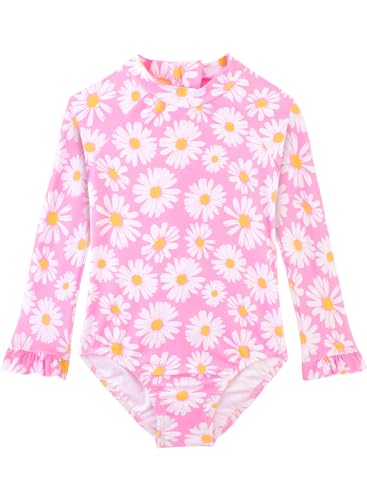 Pink Flower Long Sleeve Toddler Swimsuit with UPF 50+ Sun Protection - 4-5T