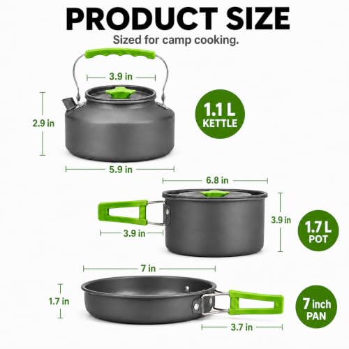 17-Piece Camping Cookware Set - 1.7L Pot, Frying Pan, Kettles, Cups & Utensils - Green