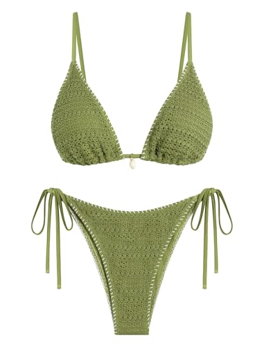 Women's Triangle Bikini Set Crochet Halter Swimsuit - Small Green