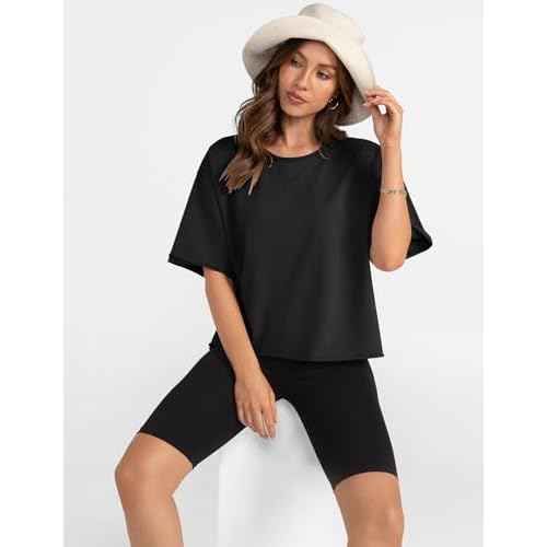 UEU Women's Comfy Basic Workout Gym Short Sleeve Crop Tops Casual Loose Oversized T-Shirts
