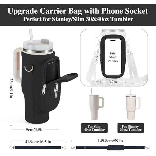 linmaya Water Bottle Carrier Bag with Phone Pocket for Stanley Cup 40/30oz,Insulated Neoprene Water Bottle Holder Cross-boday Bag with Adjustable Shoulder & Handheld Strap Stanley Cup Accessories