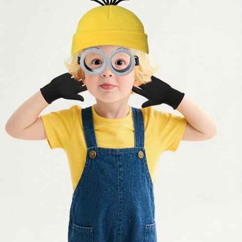 3 Pcs Halloween Costume Accessories Adult, Vintage Goggoles Eyewear Glasses/Yellow Beanie Knit Hat/Black Gloves for Kids Men Women Cosplay Party Set