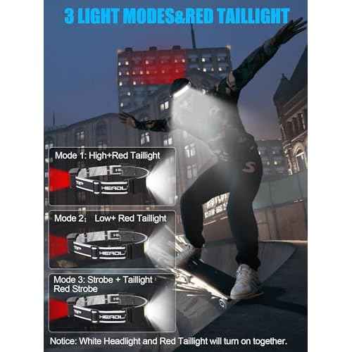 LED Headlamp Flashlight, 1000L 230¡Æ Broadbeam Headlight, USB C Rechargeable Head Lamp with Red Taillight, Lightweight Waterproof Headlamps for Camping Running Hiking, Hard Hat Headlamp 1Pack