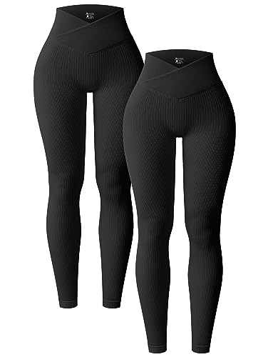 Women's 2 Piece Yoga Leggings Set - Cross Over Workout Pants, Medium / Black