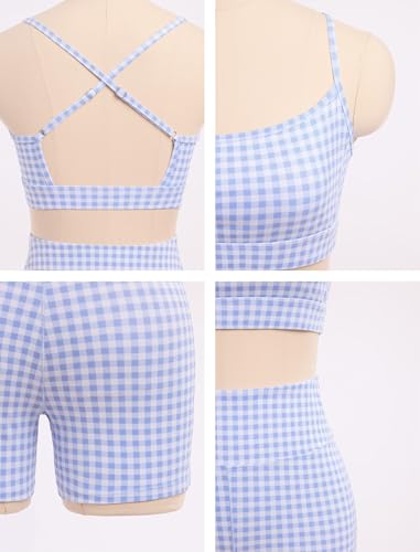 Gingham Blue Workout Sets for Women 2 Piece Sports Bra & High Waist Shorts - Medium