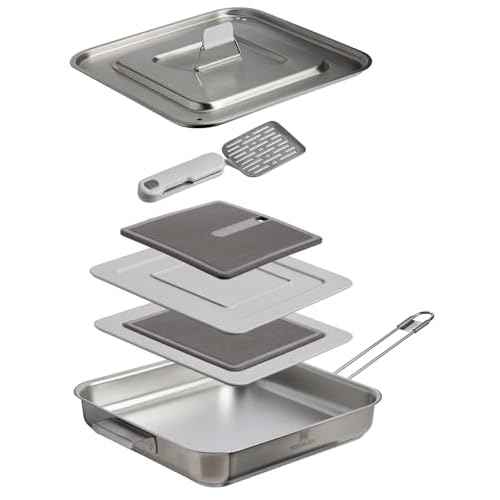 Stanley Wildfare Pro 5-Piece Stainless Steel Square Pan Cook Set | 10 in Fry Pan with Fold & Lock Handle | Cutting Board and Spatula | Camping Essentials for Your Camp Kitchen | BPA-Free