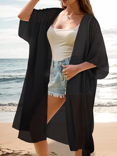 Women's Long Lightweight Kimono Cover Up Beach Swimsuit Boho Cardigan Large / 002 Black