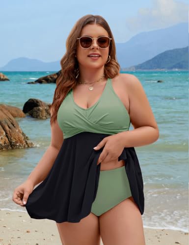 Plus Size Tankini Swimsuit Two Piece Tummy Control Bathing Suit - Army Green & Black XX-Large