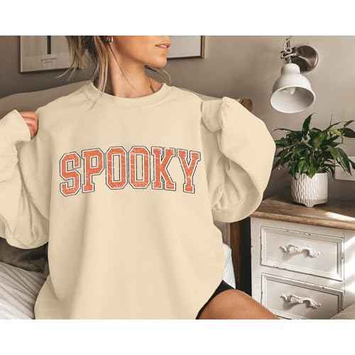Halloween Spooky Sweatshirts Women Classic Spooky Letter Print Long Sleeve Shirt Halloween Crewneck Pullover Blouse
