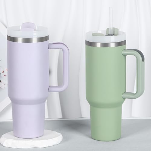 40 Oz Stainless Steel Tumbler with Handle Set - Cream, Purple, Green, Rose Quartz