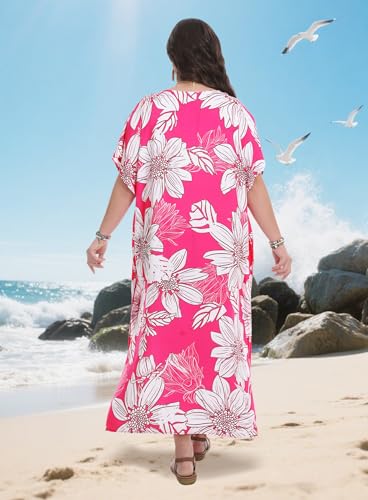 Women's V-Neck Batwing Sleeve Kaftan Dress - Lightweight Beach Cover Up, Hot Pink White Flower, One Size