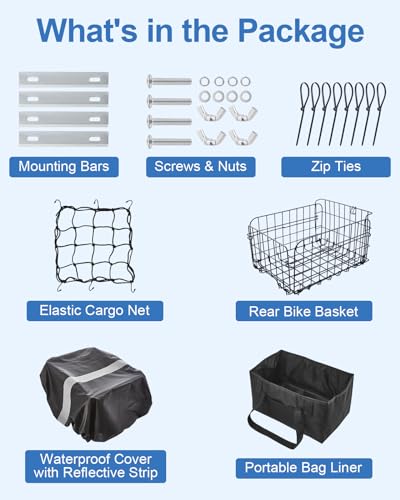 Heavy Duty Foldable Bicycle Rear Basket with Waterproof Cover & Accessories