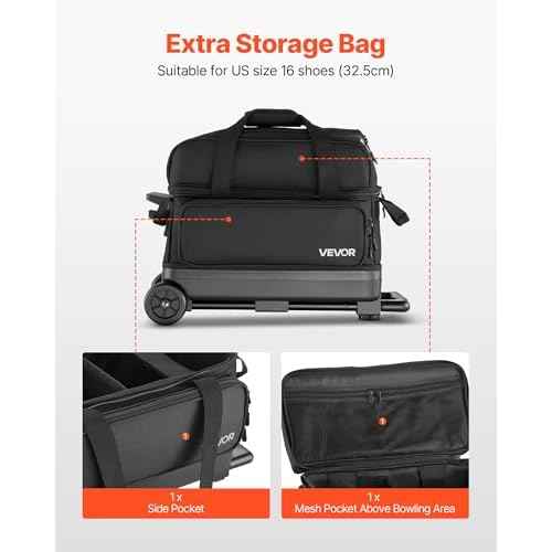 VEVOR Bowling Ball Bag, 2 Ball Four Roller Bowling Bag with Wheels, Featuring a Separate Compartment for Shoes (Up To US Size 16) & Oversized Accessory Pocket, Retractable Handle Extends to 37.4 in