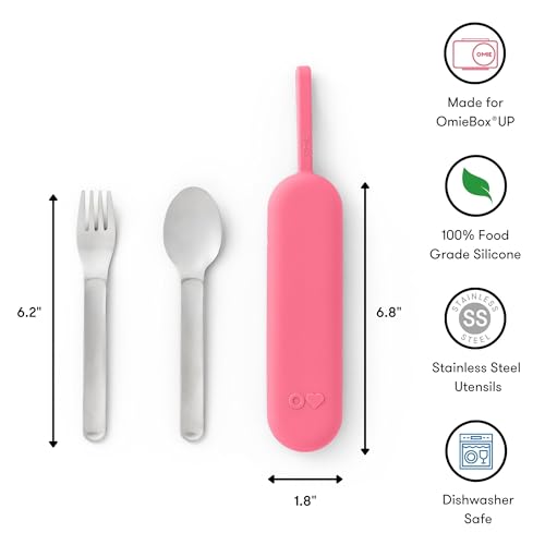 Omie OmieBox Travel Fork & Spoon Set with Case - Pink, 9+ Years