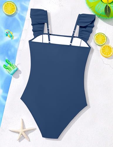 Girls Swimsuit One-Piece Bathing Suit with Ruffle & Adjustable Straps - Navy Blue, 13-14 Years