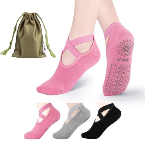 Yoga Socks for Women Non Slip Grip Socks - 3 Pairs Black Grey Pink