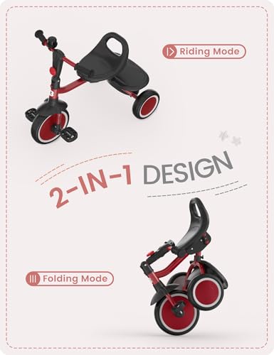 Toddler Tricycle with Bell - 18 Months to 5 Years, Red Kids Bike, Foldable & Safe Ride
