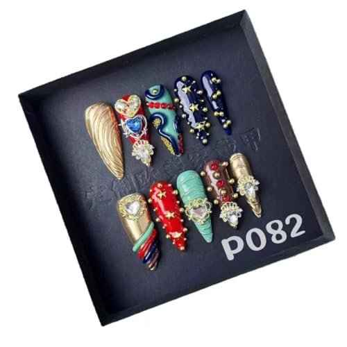 100% 5D Handmade Press on Nails with Heart Charms Long Stiletto Nails Press ons Gorgeous False Nails Rhinestones Press on Nails Handmade Nails for Women Girls Daily Wear DIY Manicure Size L