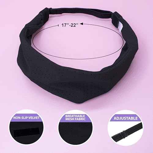 FROG SAC Sport Headbands for Girls, Adjustable No Slip Sweat Wicking Athletic Hair Bands for Women, Stretch Elastic Workout Headband with Velvet Grip for Yoga Running Exercise Gym (Black)