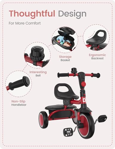 Toddler Tricycle with Bell - 18 Months to 5 Years, Red Kids Bike, Foldable & Safe Ride
