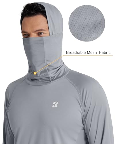 Men's UPF 50+ Sun Hoodie with Face Mask - Large Gray Outdoor Sun Protection Shirt