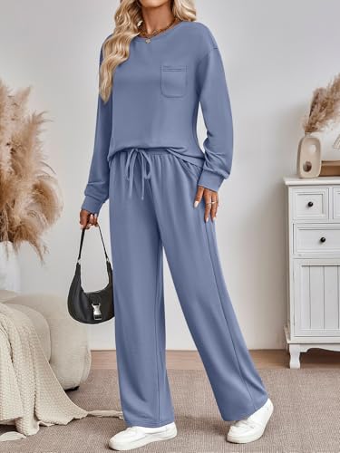 AUTOMET Women's 2 Piece Lounge Sweatsuit Set - Medium Blue Fall Outfits