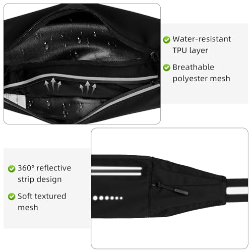 LAIMEIWEE Water-Resistant Running Belt Black - Lightweight Waist Pack for Men & Women with 4-Zone Organization, Reflective Strips
