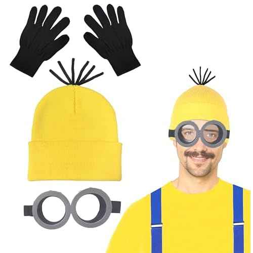 3 PCS Halloween Costume Accessories Adult Yellow Beanie Hat Steampunk Glasses Black Gloves for Men Dress up Cosplay Party