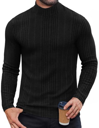 Men's Black Medium Fleece Thermal Mock Turtleneck Long Sleeve Shirt - Slim Fit