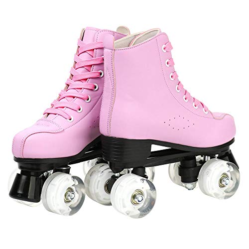 Pink High-Top Roller Skates for Women Men Double-Row PU Wheels - Size 40 US / 9 Women, 7.5 Men