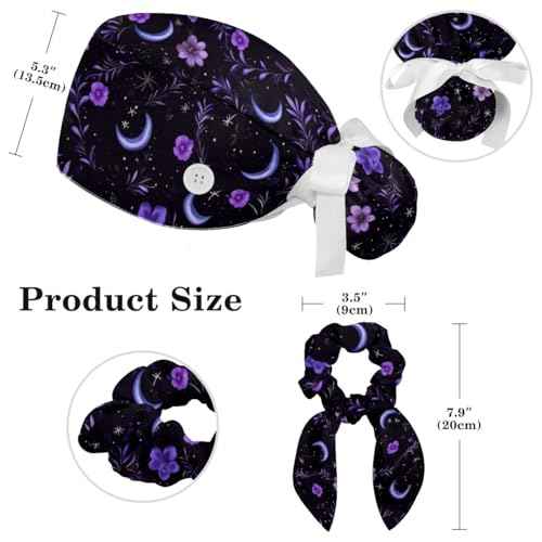 Scrub Caps Women, Surgical Caps with Buttons, Ponytail Nurse Hat, Bouffant Scrub Hats with Hair Scrunchy Adjustable, Moon Purple Floral Star Vintage Wildflower Pastorable