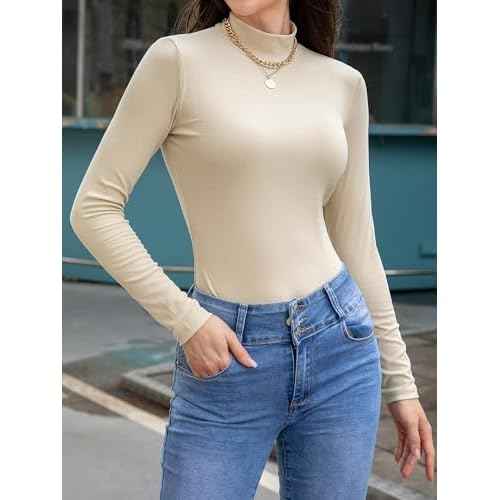 Womens Ribbed Long Sleeve Mock Neck Tops Fall Winter Fitted Shirts for Women 2025
