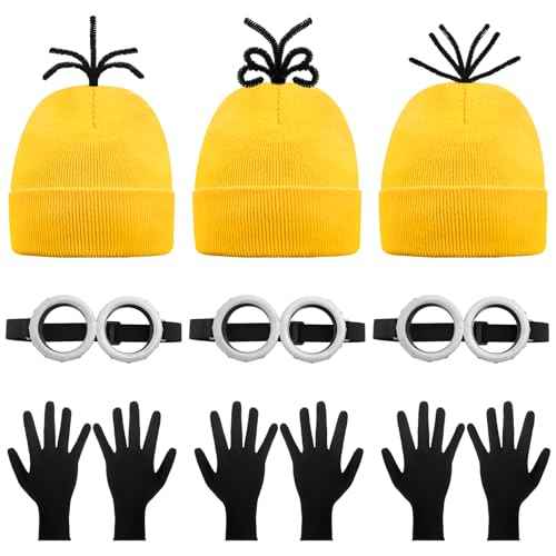 9PCS Costume Accessories Set Yellow Beanie Knit Hat Vintage Goggles Glasses Black Gloves for Cosplay, Halloween Costumes 2025