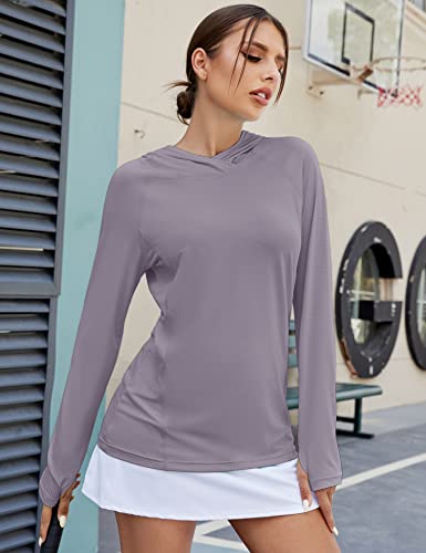 Women's UPF 50+ Sun Protection Hoodie Long Sleeve Hiking Shirt - Medium Gray Purple
