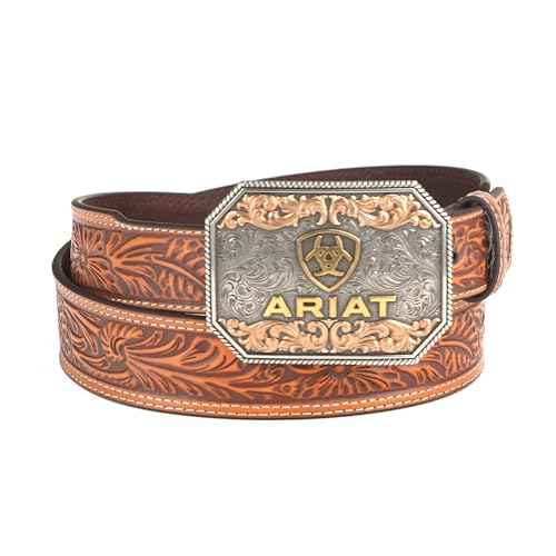 ARIAT Men's Raised Logo Floral Embossed Tapered Leather Belt