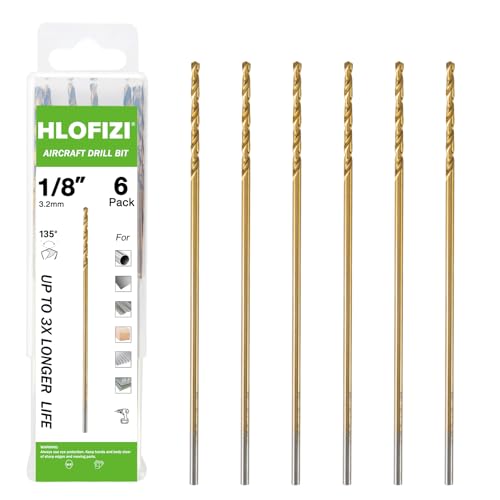 1/8 Inch x 6 Inch Titanium-Coated Drill Bits 6 Pack for Wood Plastic Metal - Long High-Speed Steel Aircraft Drill Bit with Split Point