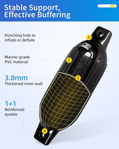 Inflatable Boat Fenders 4 Pack Black 4.6 x 16 Inches with Ropes & Pump