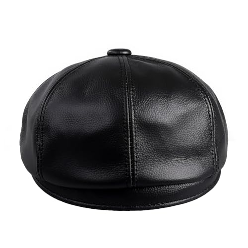 Men's Newsboy Flat Cap - Genuine Cowhide Leather Gatsby Ivy Golf Cabbie Hat XX-Large Black