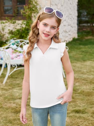 Girls Ruffle Short Sleeve Polo Shirt Golf Tennis Top 5-14 Years - White, 11-12 Years