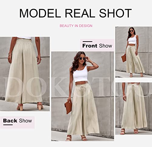 Dokotoo Wide Leg Pants for Women Beige Medium Casual Elastic Waist Drawstring Pants