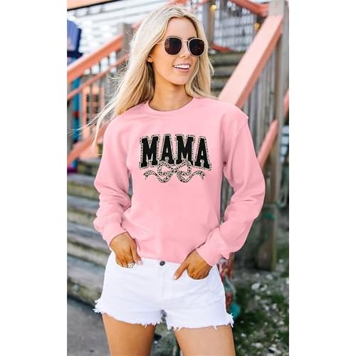 SFHFY Mama Crewneck Sweatshirt Women: Casual Mom Long Sleeve Shirt Bow Mama Letter Print Pullover Top