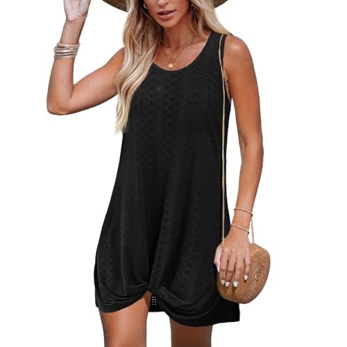 Swimsuit Coverup Summer Dresses for Women 2025 Eyelet Crew Neck Loose Sleeveless Sundresses Twisted Dresses