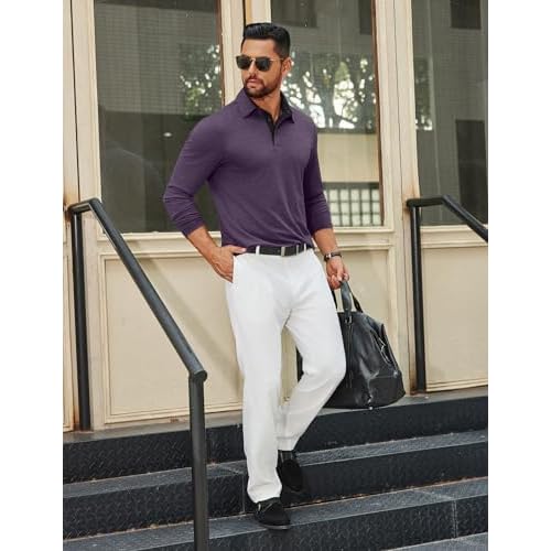 COOFANDY Mens Long Sleeve Polo Shirts Button Casual Tee Collared Work Pullover Shirts