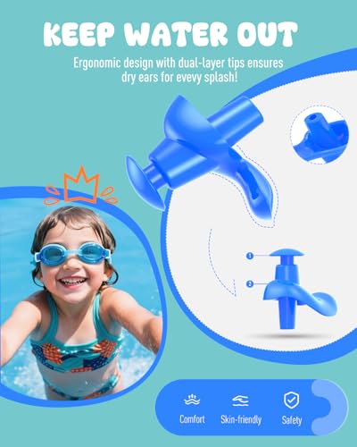 Kids Swimming Ear Plugs 3 Pairs Waterproof Silicone Reusable Bathing & Water Sports (Blue, Orange, Green)