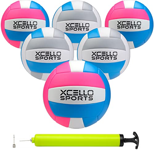6 Pack Volleyballs with Pump - Pink/Blue and Grey/Blue, Standard Size