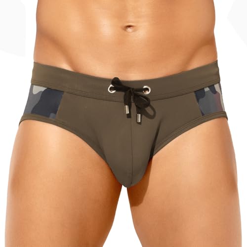 Men's Printed Swim Briefs - Arjen Kroos Pattern Bikini Swimsuit with Drawstrings, Lined Pouch - Army Green / Medium